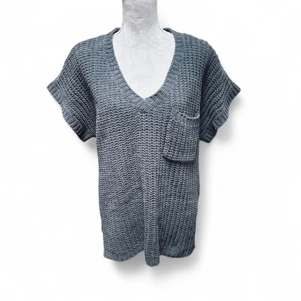 POL Clothing Chenille Sweater Oversized Short Sleeve‎ High Low Deep Grey Size M